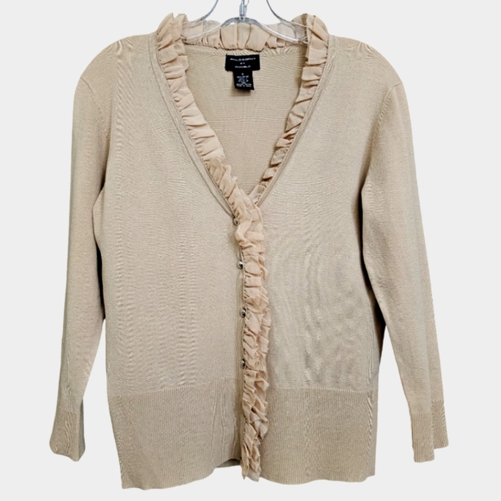 Nwot Philosophy by Republic Tan Ruffled 3/4 Sleeve Cardigan w/Silver Bead Button